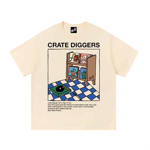 Crate Diggers design on a heavyweight adult unisex graphic tee.