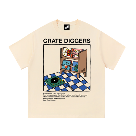 Crate Diggers design on a heavyweight adult unisex graphic tee.