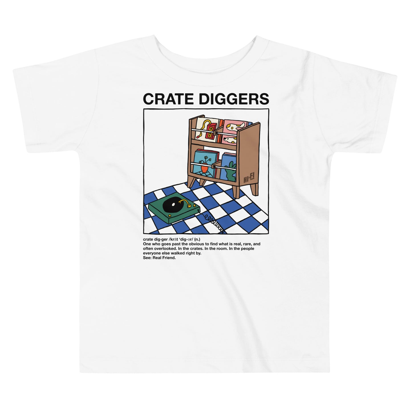 Crate Diggers design on a tagless, sensory-friendly toddler tee.