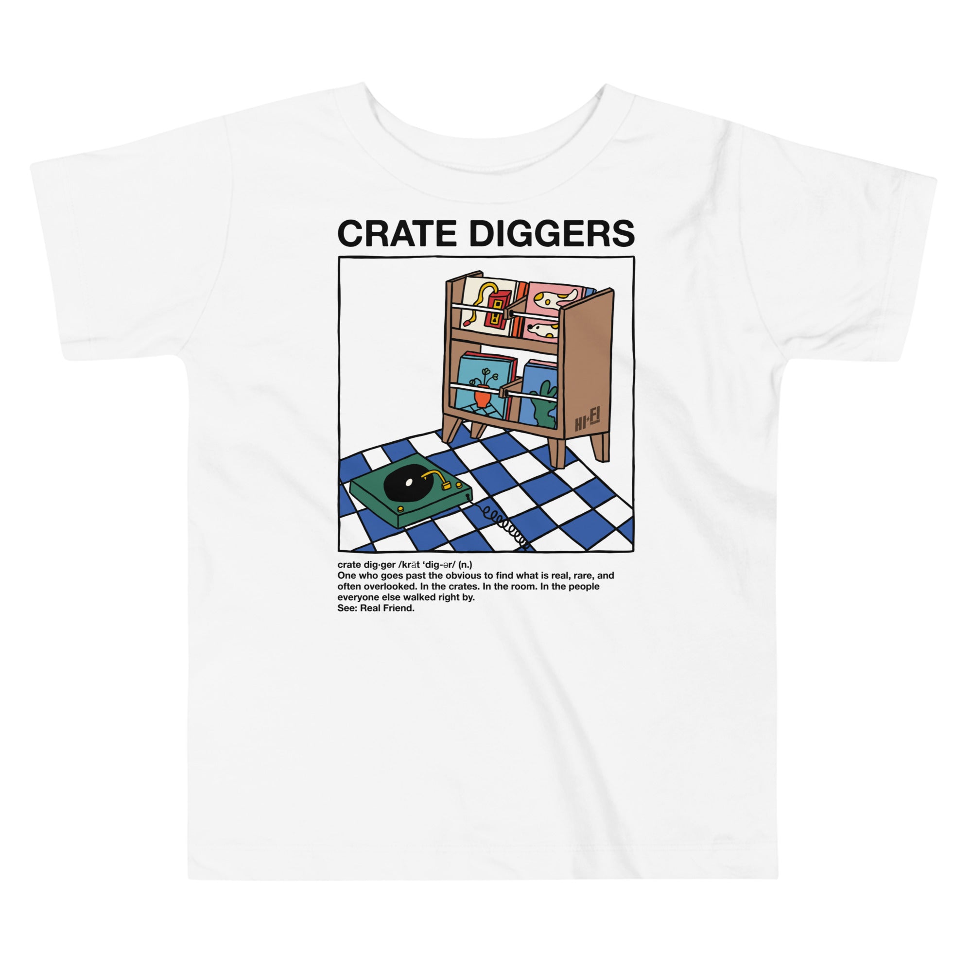Crate Diggers design on a tagless, sensory-friendly toddler tee.
