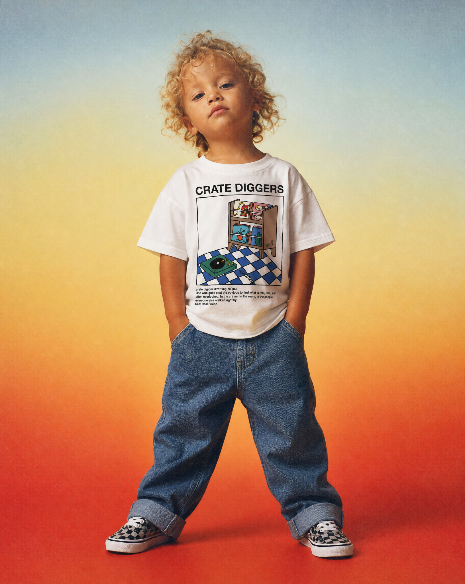 Crate Diggers design on a tagless, sensory-friendly toddler tee.