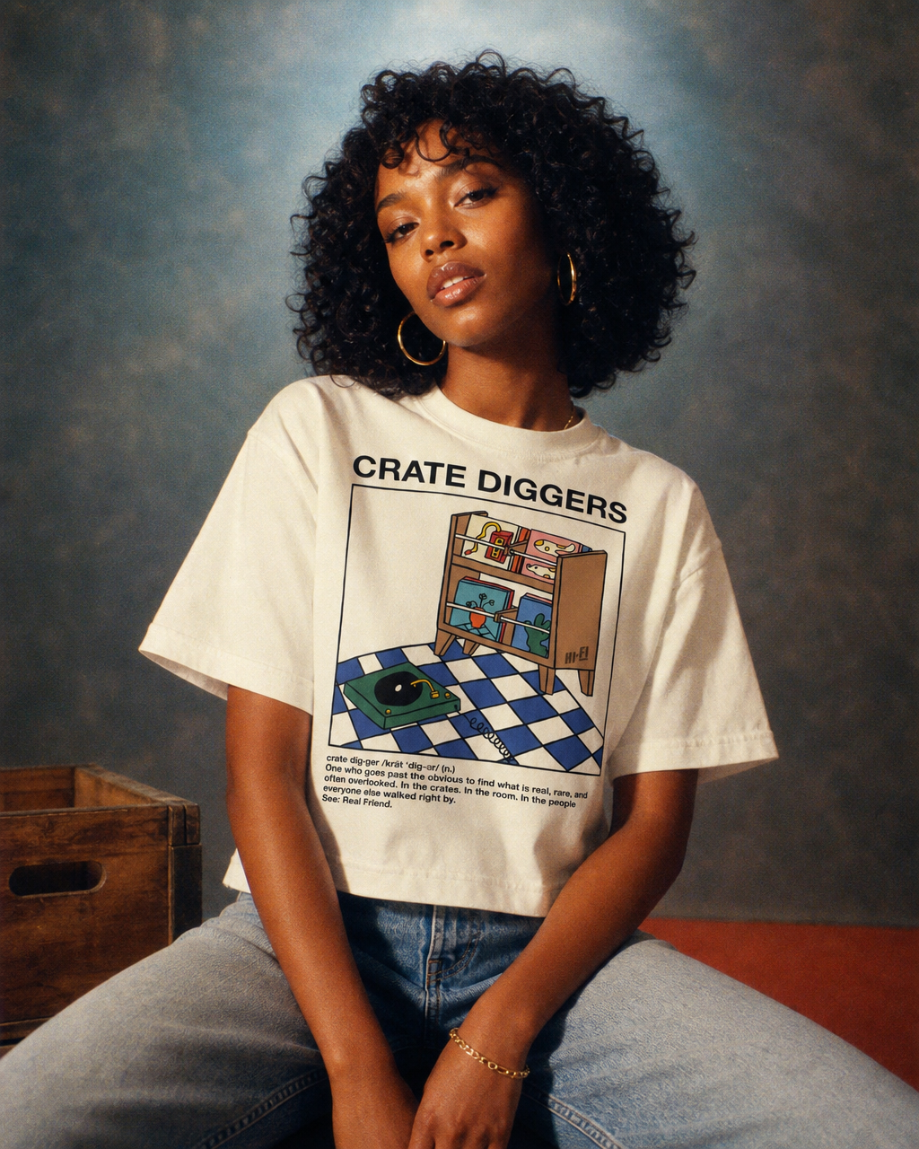 Crate Diggers design on a women's seamless boxy tee.