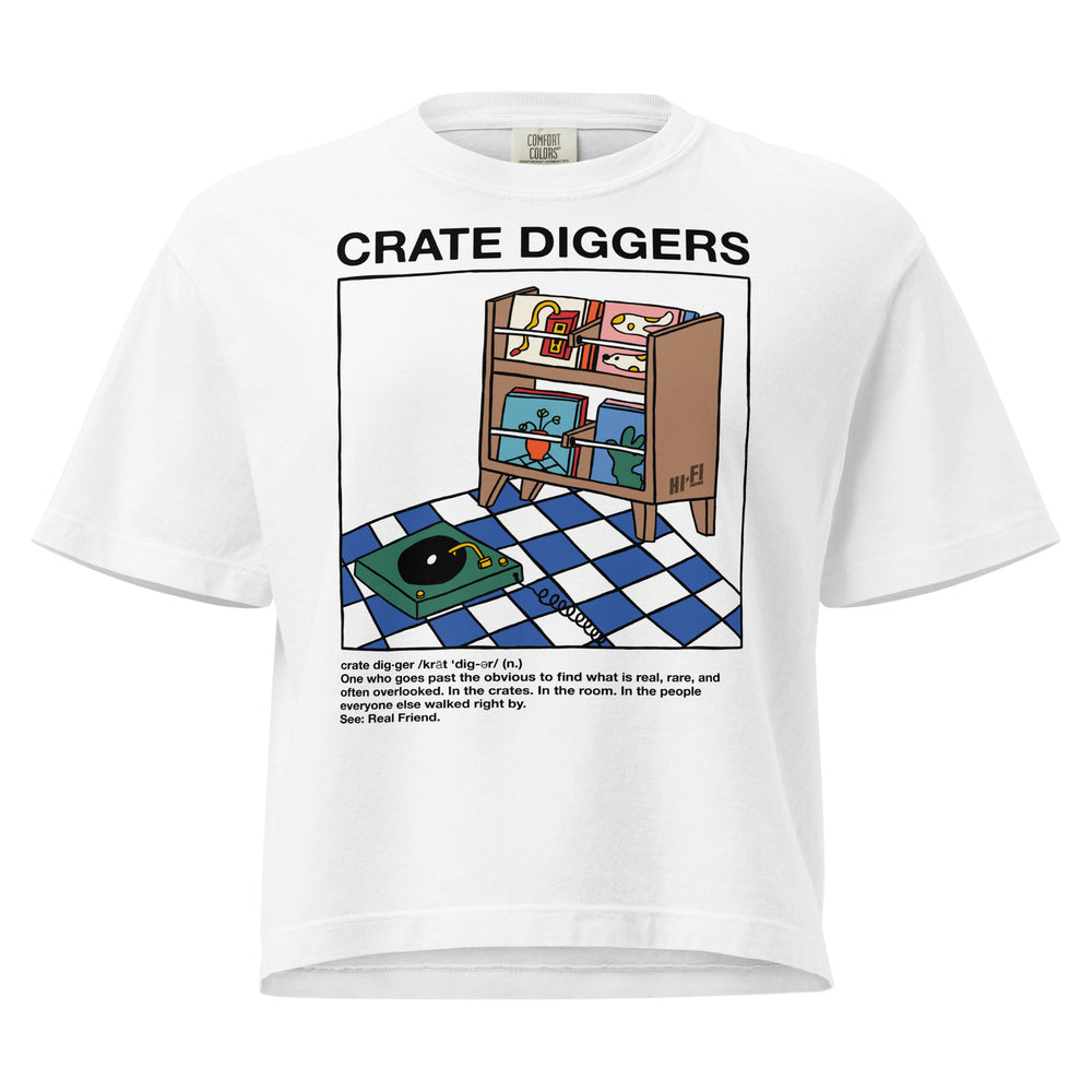 Crate Diggers design on a women's seamless boxy tee.