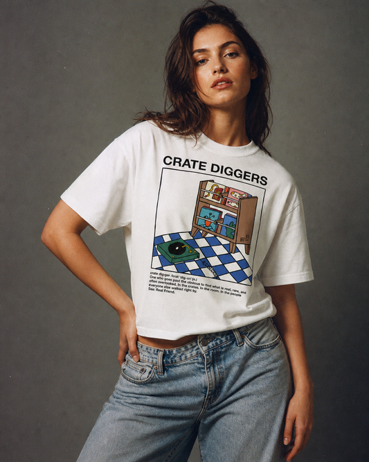Crate Diggers design on a women's seamless boxy tee.