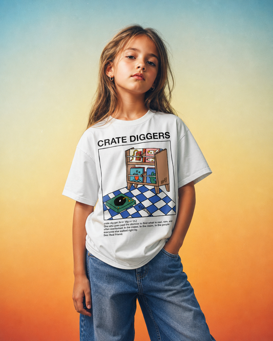 Crate Diggers design on a heavyweight, sensory-friendly youth tee.