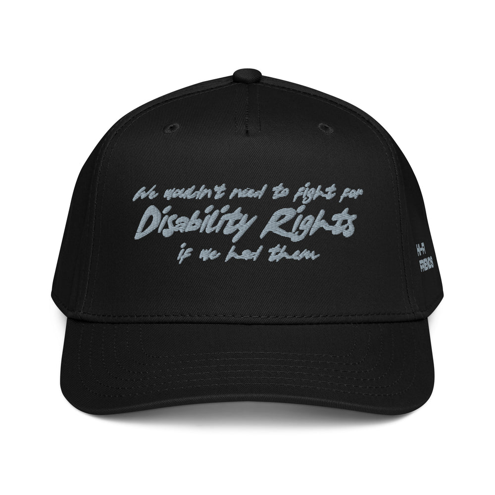 Disability Rights design embroidered on a high-profile snapback hat.