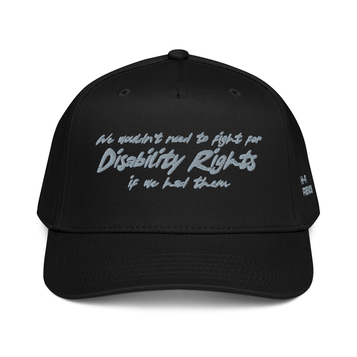 Disability Rights design embroidered on a high-profile snapback hat.