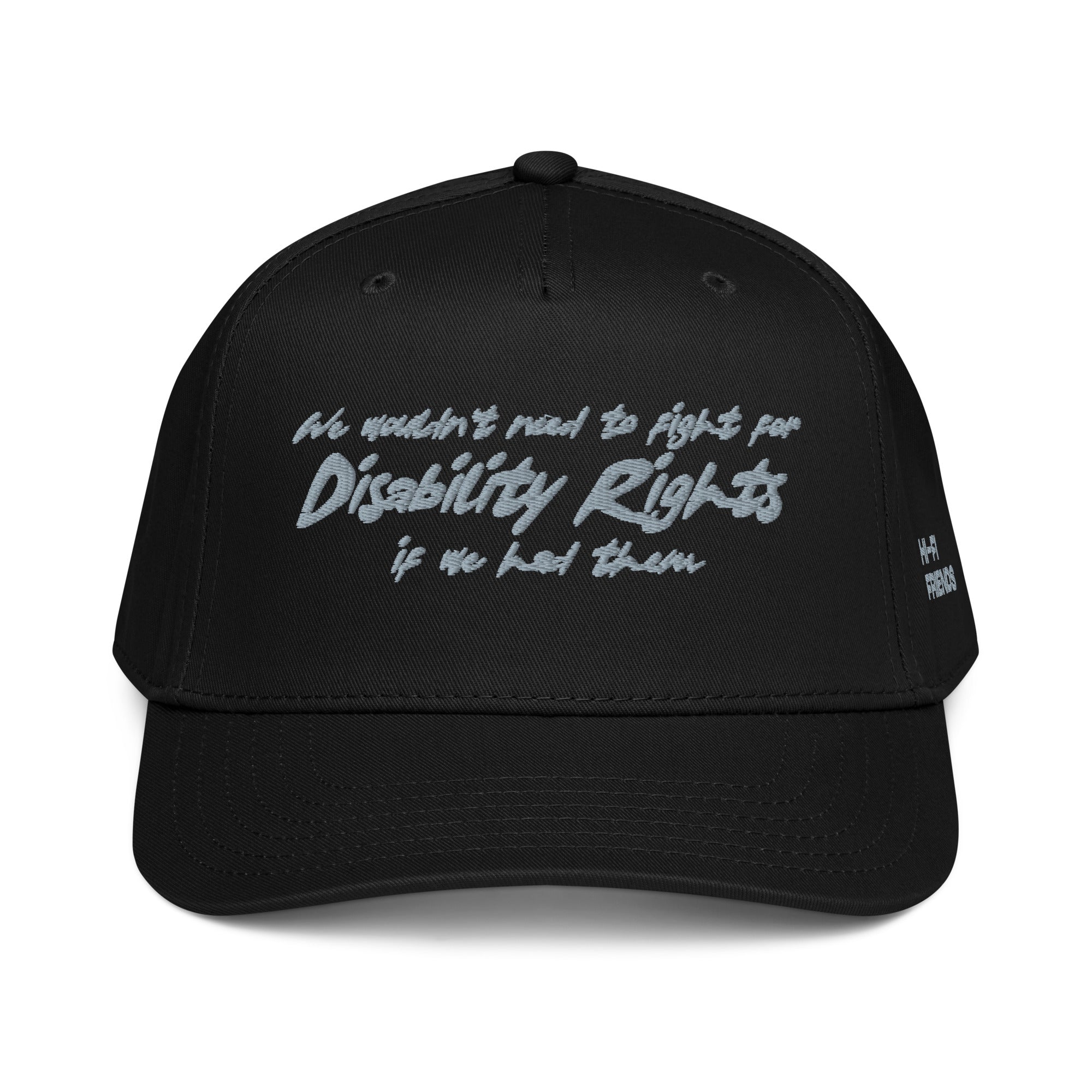 Disability Rights design embroidered on a high-profile snapback hat.