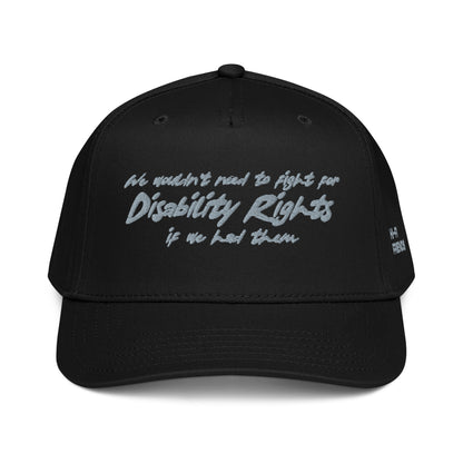 Disability Rights design embroidered on a high-profile snapback hat.