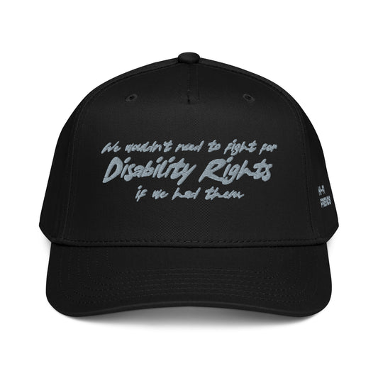 Disability Rights design embroidered on a high-profile snapback hat.