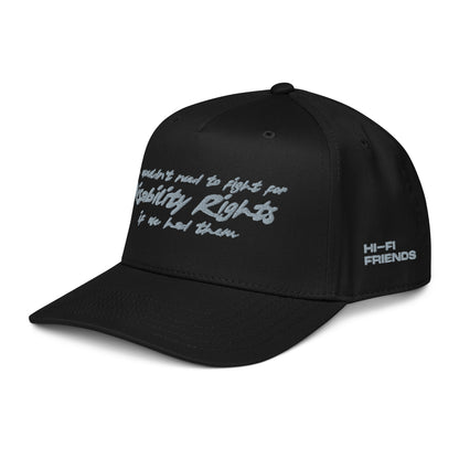 Disability Rights design embroidered on a high-profile snapback hat.