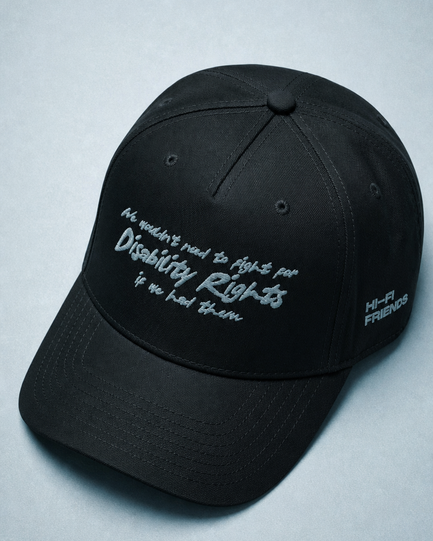 Disability Rights design embroidered on a high-profile snapback hat.