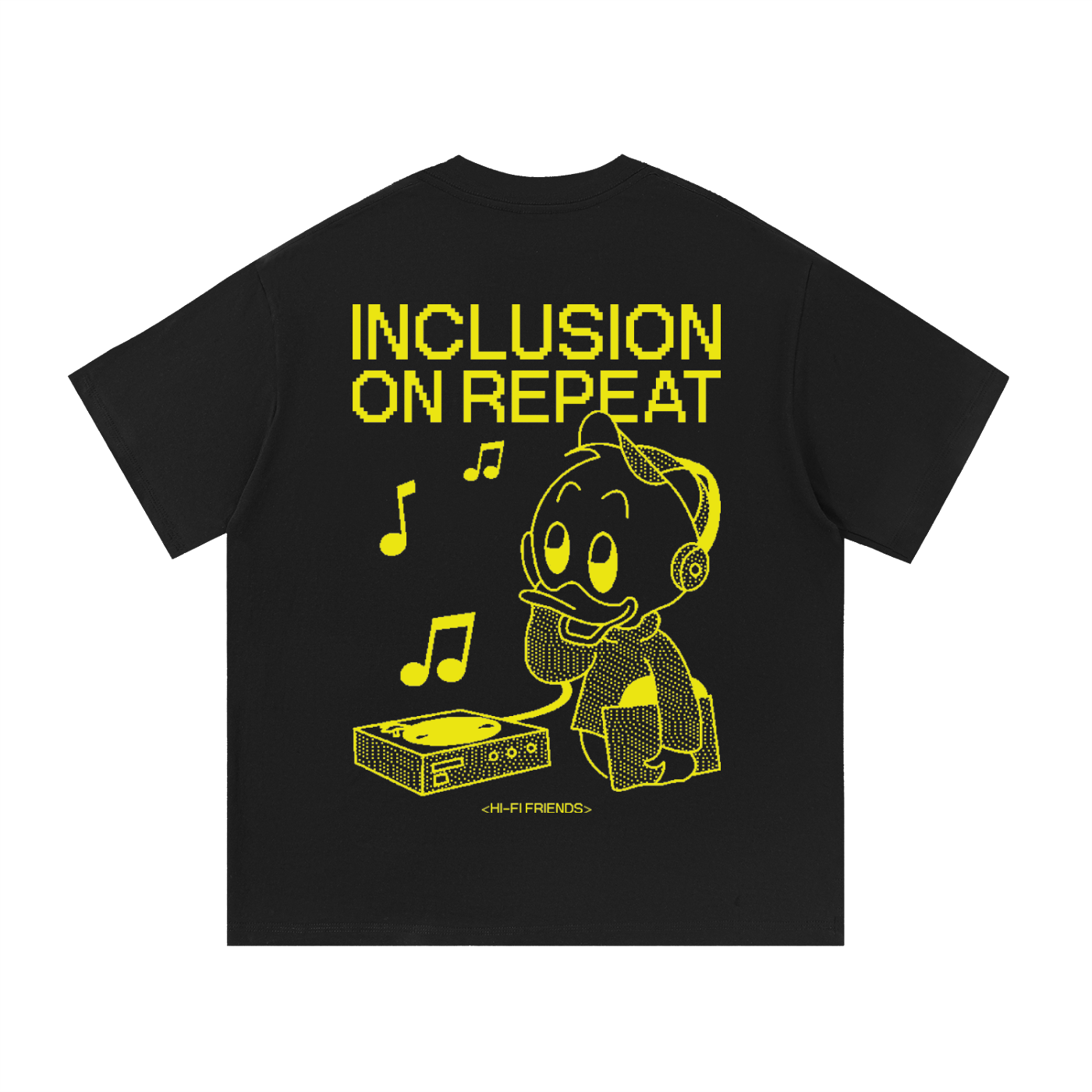 Inclusion On Repeat (Huey) design on a unisex tee.