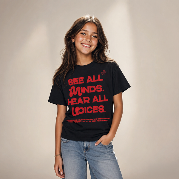See All Minds. Hear All Voices. Youth Tee — Black