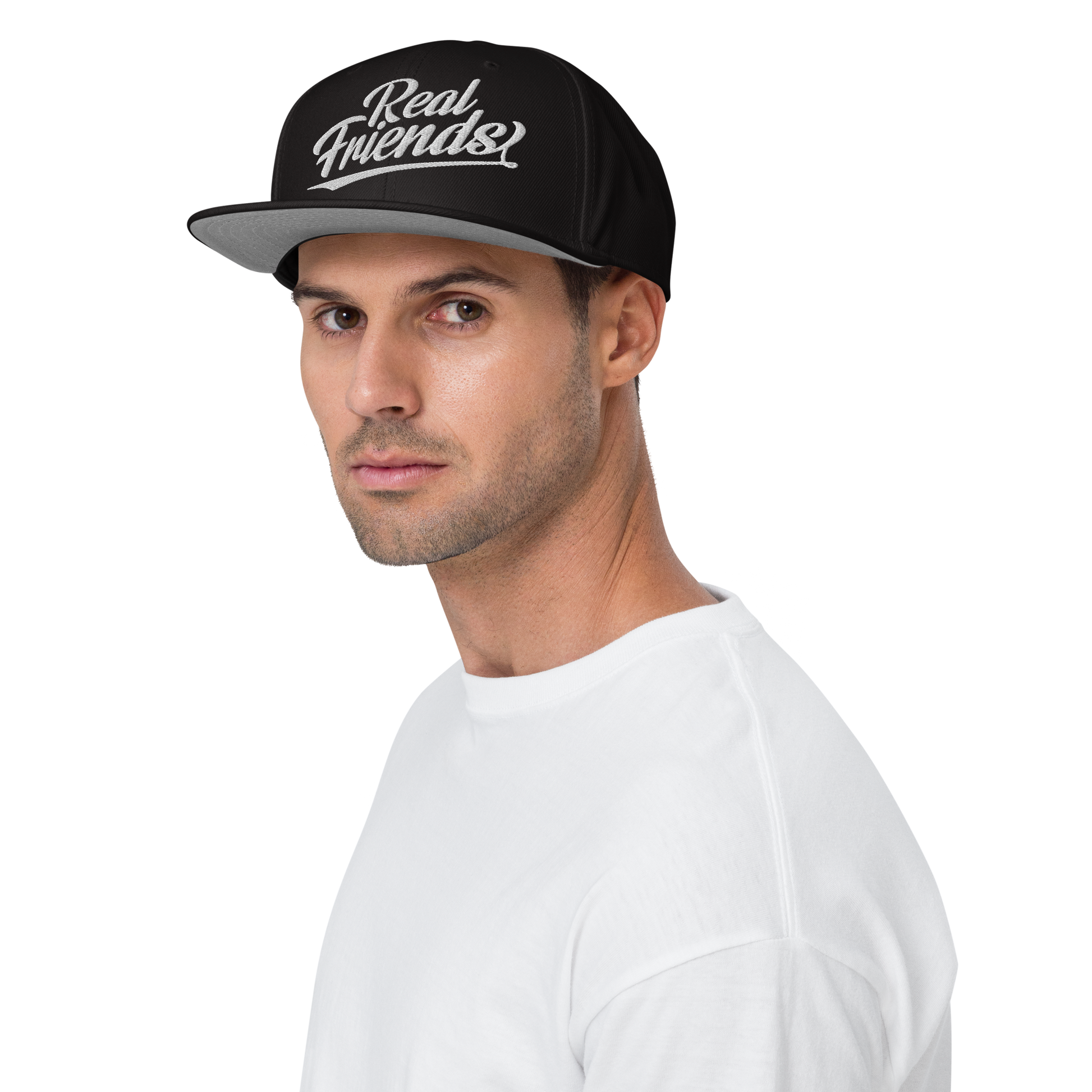Real Friends baseball snapback hat in a structured, high-profile 6-panel design.