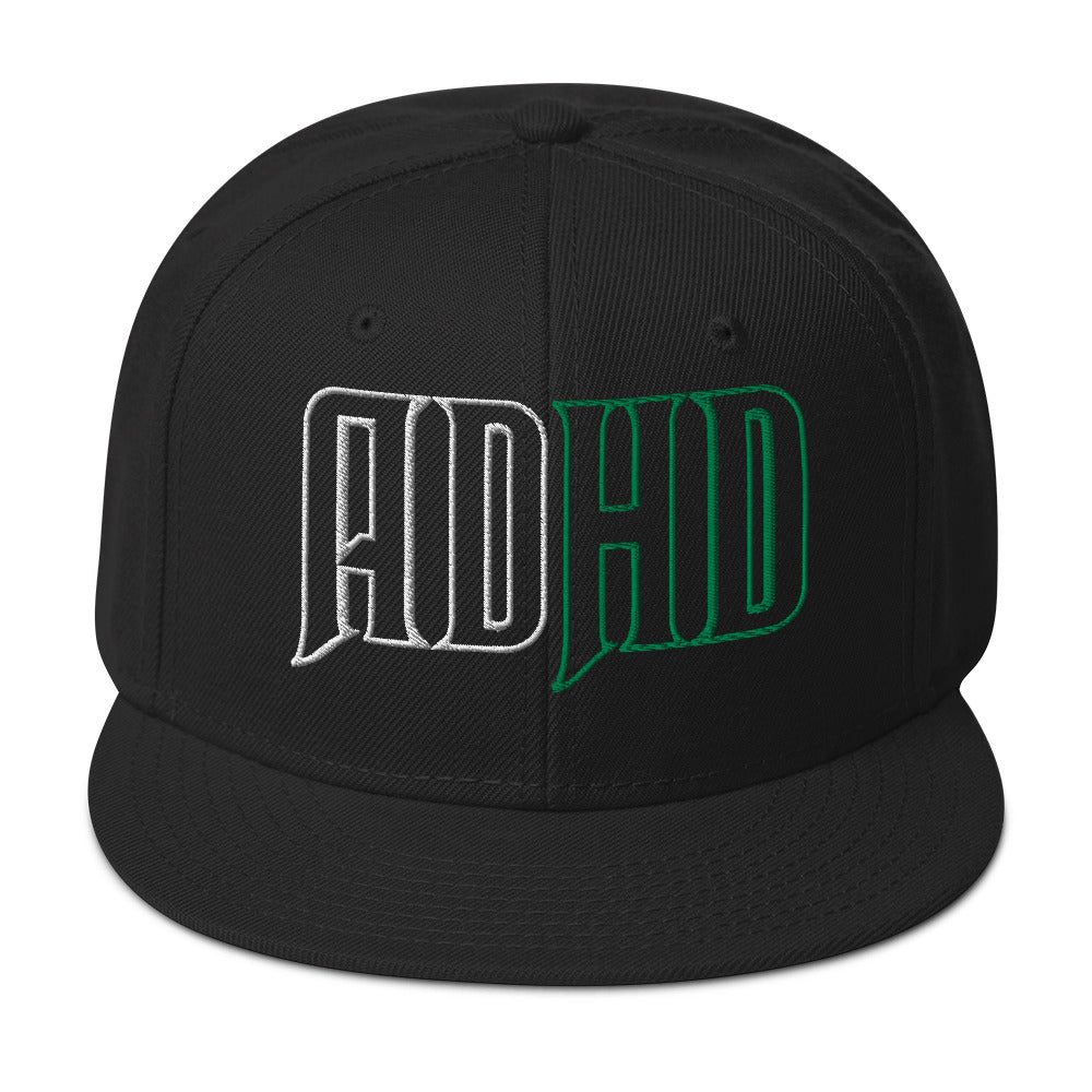 Wickedly ADHD snapback hat with a high-profile structured crown and flat visor.