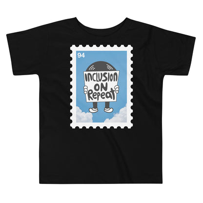 "Inclusion on Repeat" toddler short sleeve t-shirt featuring the rhythmic, high-impact typography.