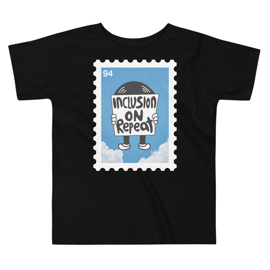 "Inclusion on Repeat" toddler short sleeve t-shirt featuring the rhythmic, high-impact typography.