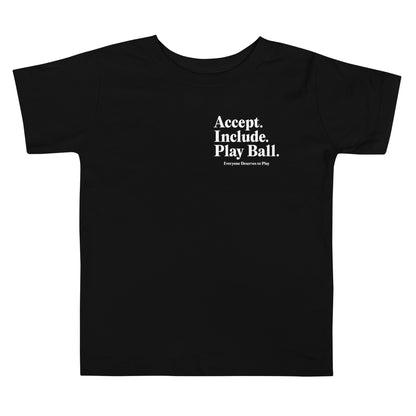 Toddler Real Friends Stadium Tee featuring the "Accept. Include. Play Ball." graphic in a relaxed fit.