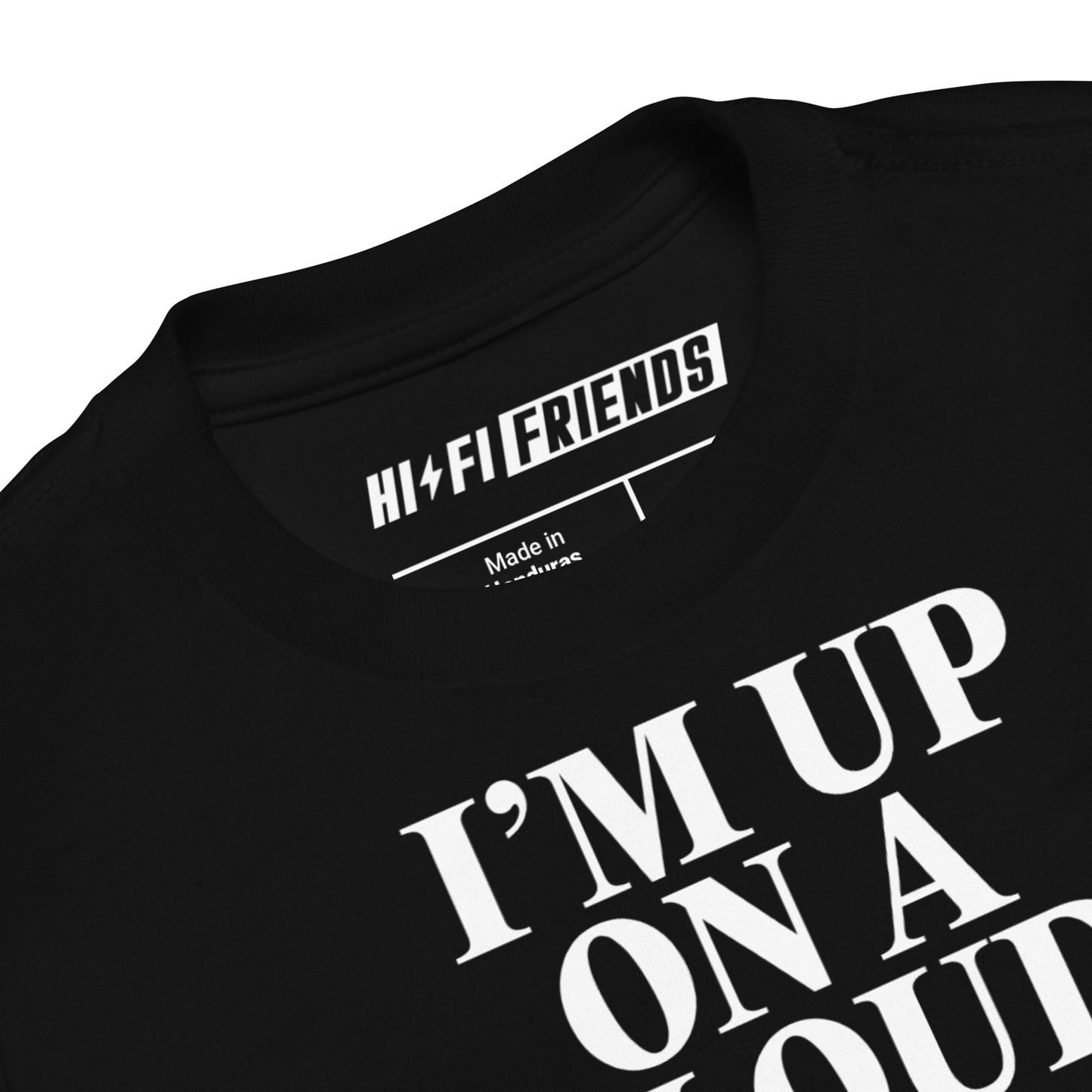 Toddler black t-shirt featuring a colorful illustration of a pink brain mascot riding on a white cloud mascot with "Up on a Cloud" styling.