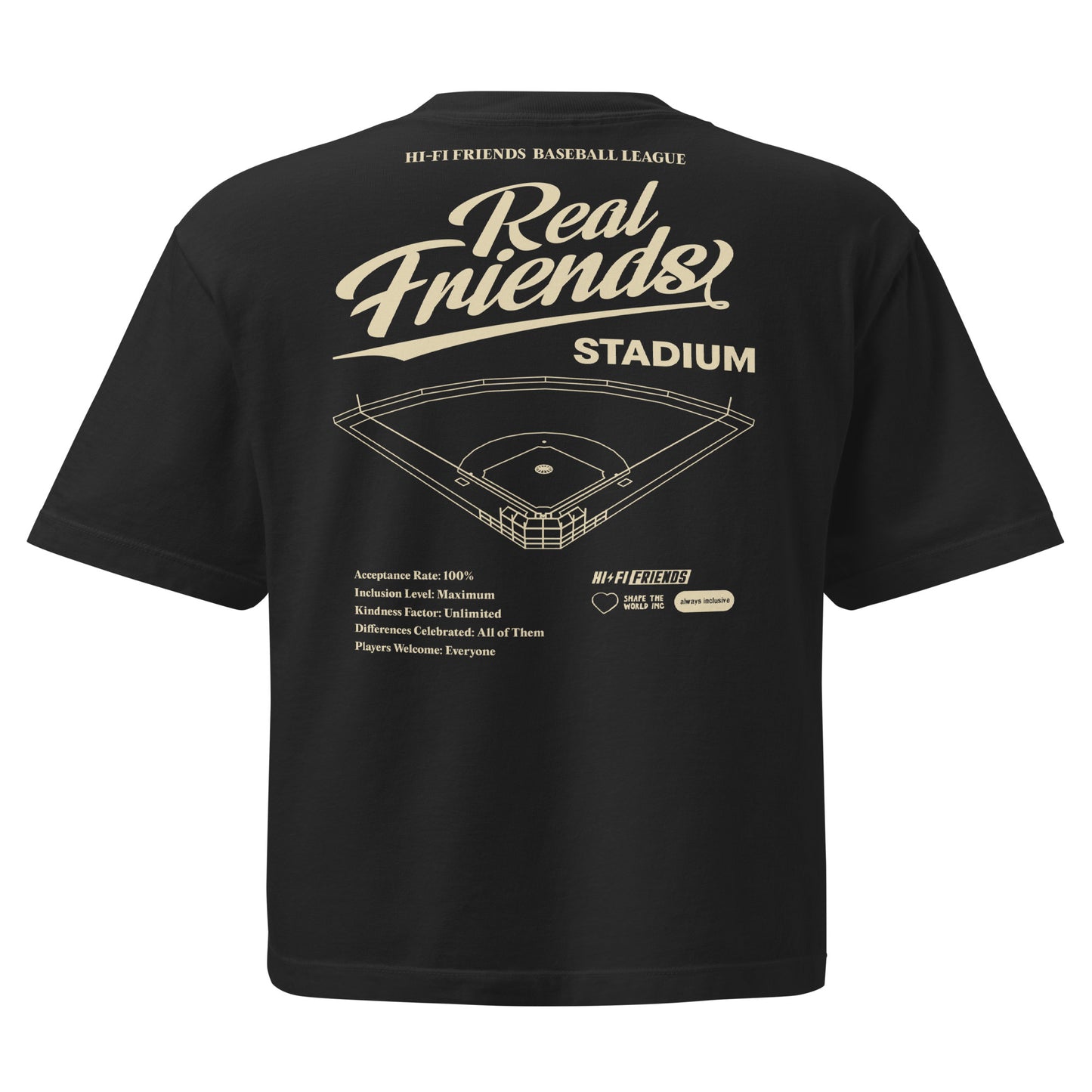 Women’s Real Friends Stadium heavyweight boxy tee with "Accept. Include. Play Ball." graphic in a structured fit.