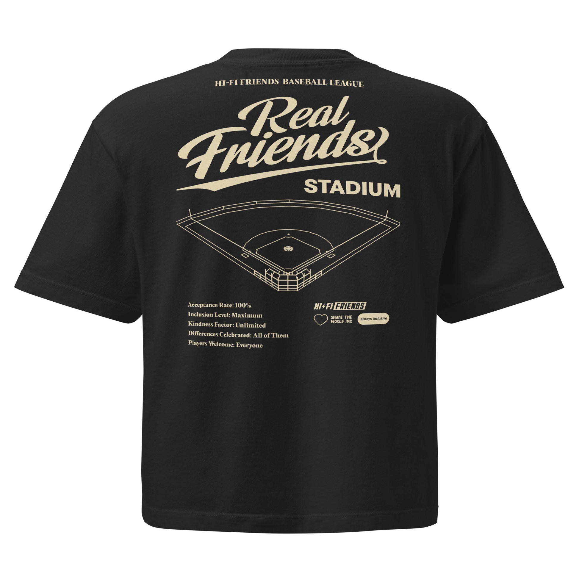 Women’s Real Friends Stadium heavyweight boxy tee with "Accept. Include. Play Ball." graphic in a structured fit.