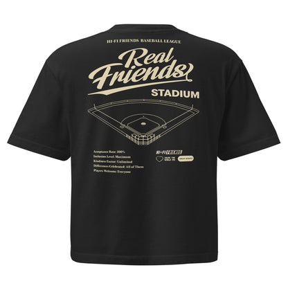 Women’s Real Friends Stadium heavyweight boxy tee with "Accept. Include. Play Ball." graphic in a structured fit.