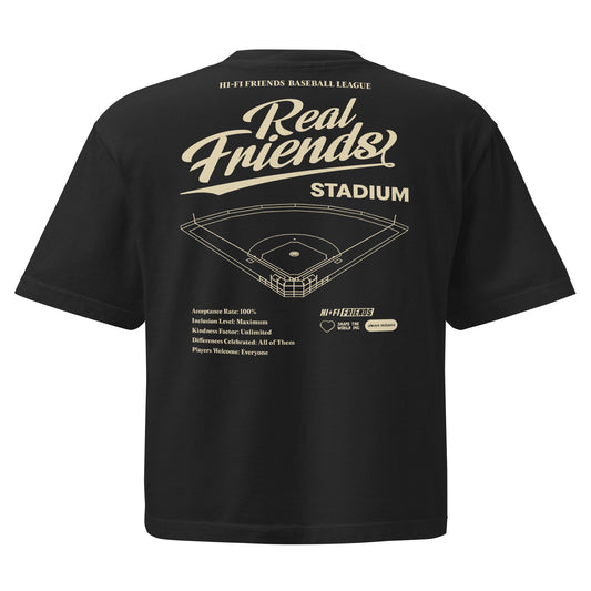 Women’s Real Friends Stadium heavyweight boxy tee with "Accept. Include. Play Ball." graphic in a structured fit.