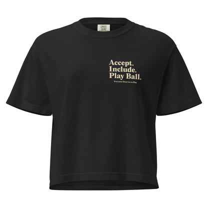Women’s Real Friends Stadium heavyweight boxy tee with "Accept. Include. Play Ball." graphic in a structured fit.