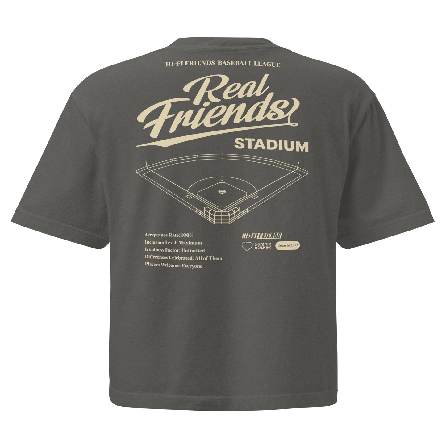 Women’s Real Friends Stadium heavyweight boxy tee with "Accept. Include. Play Ball." graphic in a structured fit.