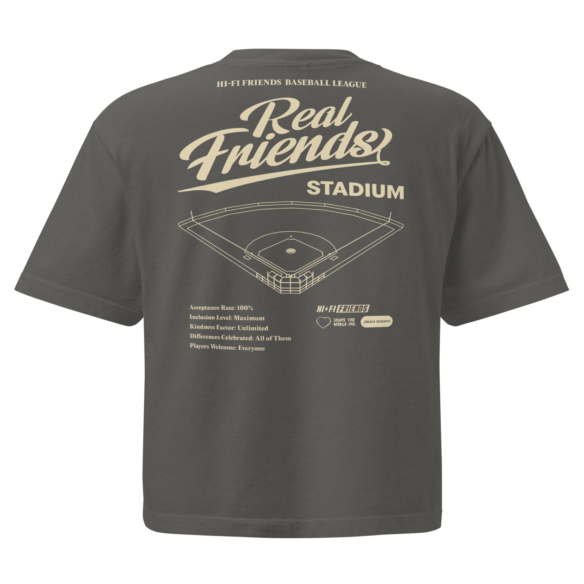 Women’s Real Friends Stadium heavyweight boxy tee with "Accept. Include. Play Ball." graphic in a structured fit.