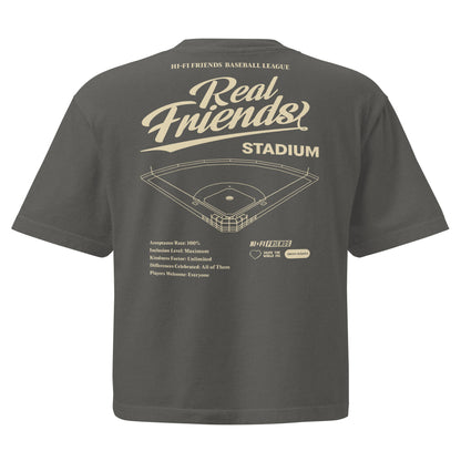 Women’s Real Friends Stadium heavyweight boxy tee with "Accept. Include. Play Ball." graphic in a structured fit.