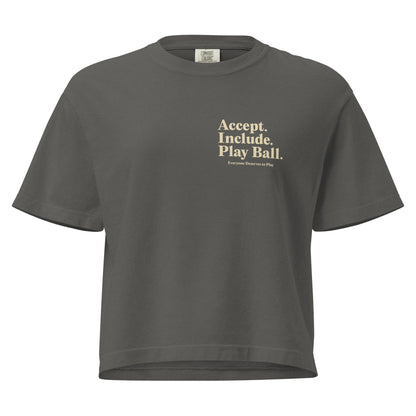Women’s Real Friends Stadium heavyweight boxy tee with "Accept. Include. Play Ball." graphic in a structured fit.