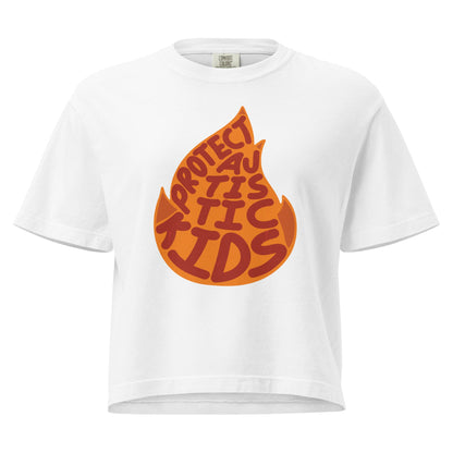 Women’s Protect Autistic Kids heavyweight boxy tee in a structured mid-length fit.