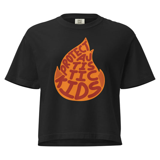 Women’s Protect Autistic Kids heavyweight boxy tee in a structured mid-length fit.