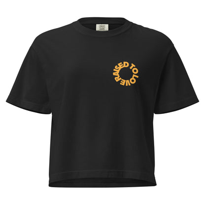 Women’s "Raised To Love" heavyweight boxy tee in a structured, premium streetwear fit.