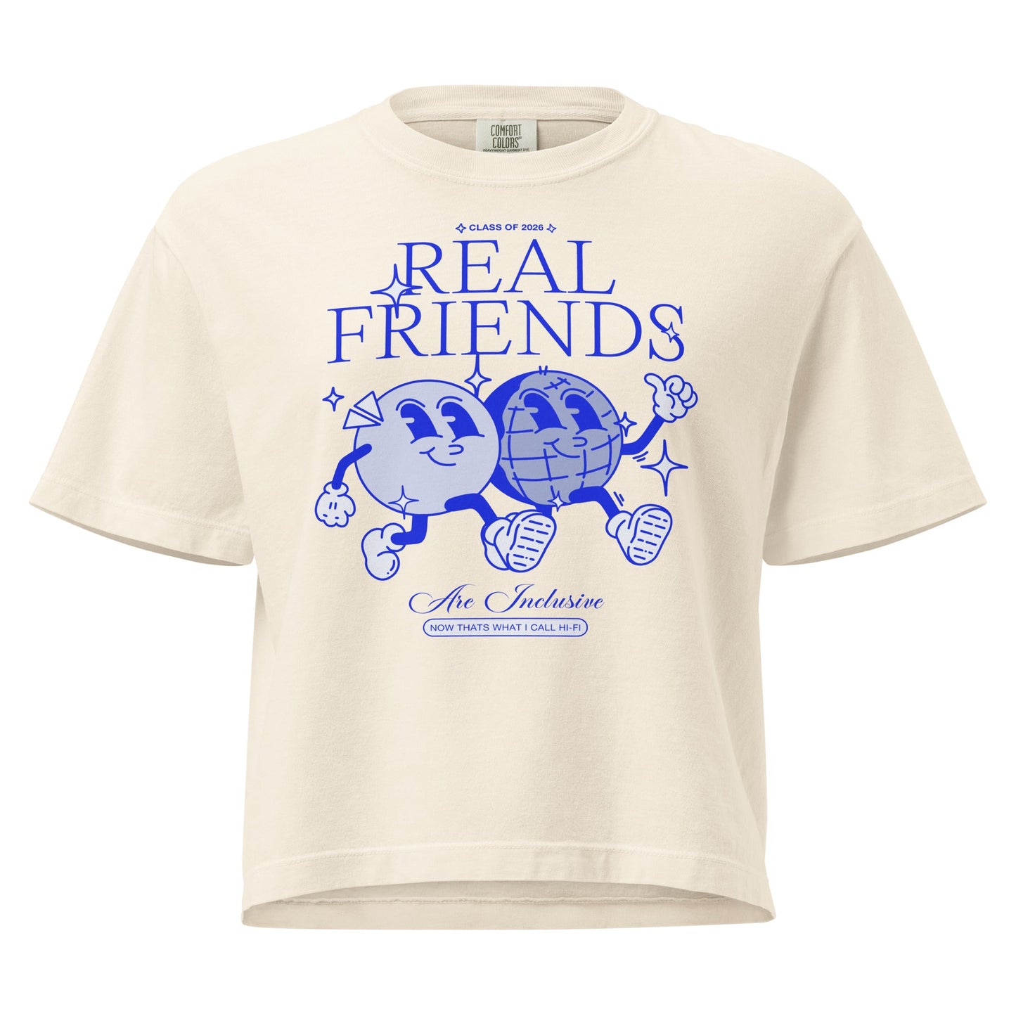 Women’s Real Friends Are Inclusive heavyweight boxy tee in a structured mid-length fit.