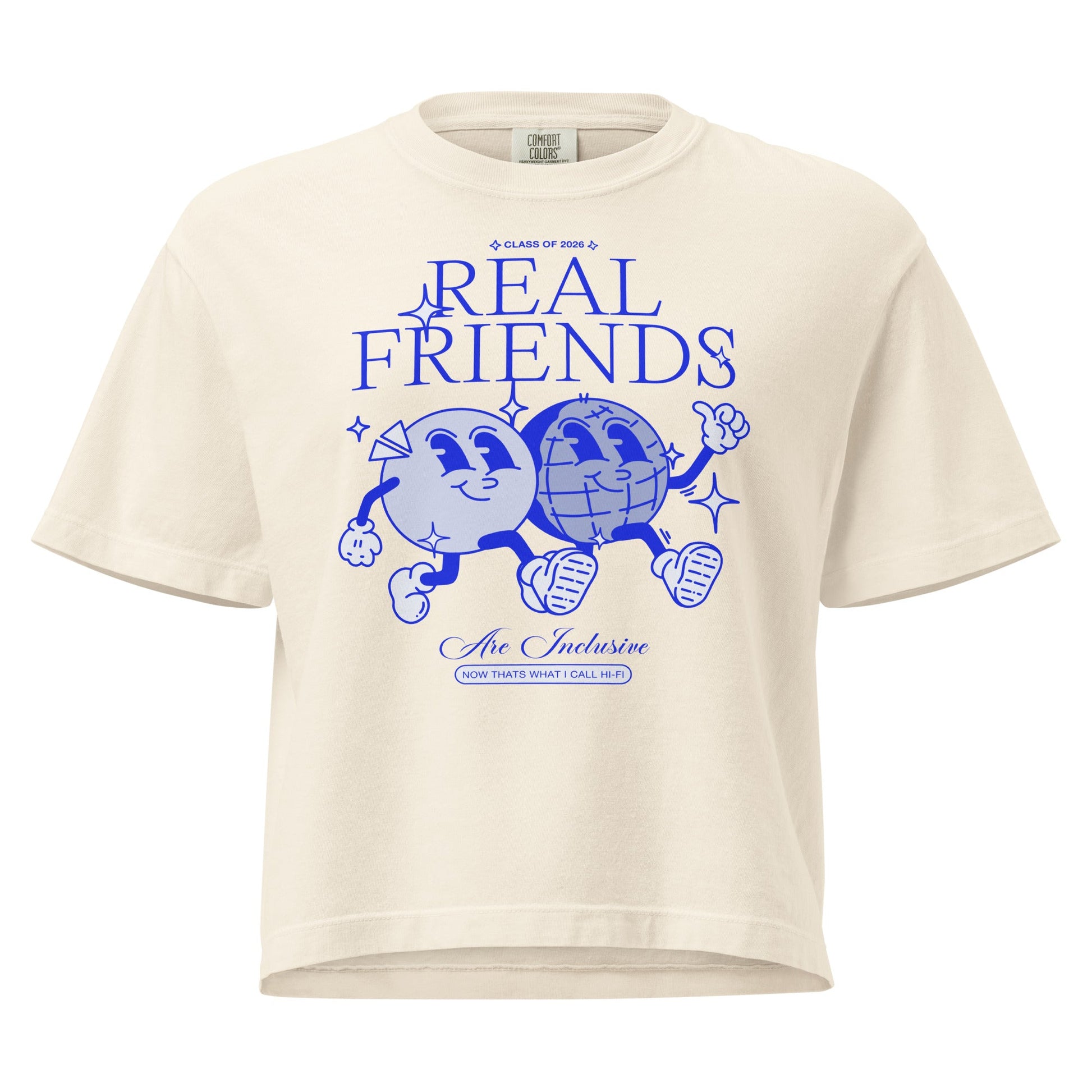 Women’s Real Friends Are Inclusive heavyweight boxy tee in a structured mid-length fit.