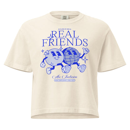 Women’s Real Friends Are Inclusive heavyweight boxy tee in a structured mid-length fit.