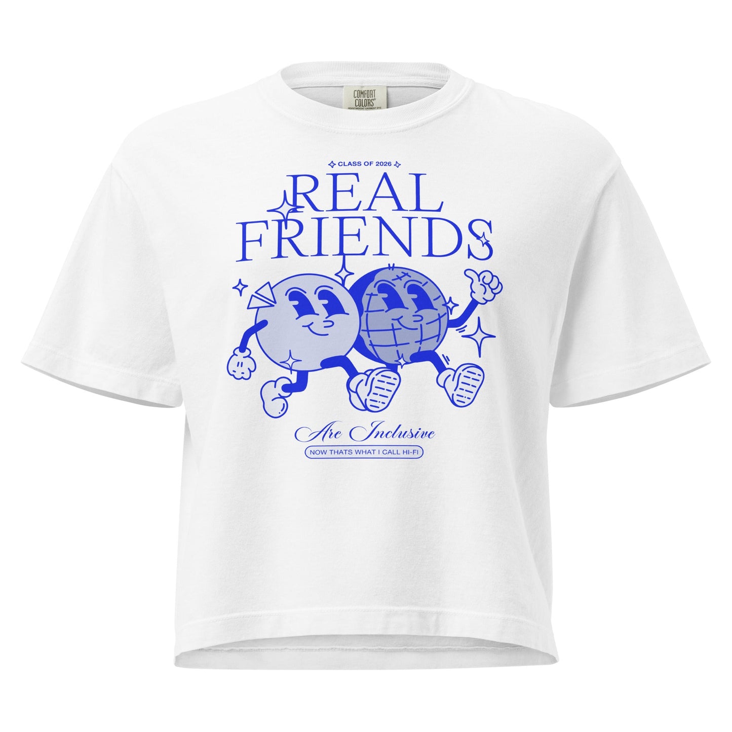 Women’s Real Friends Are Inclusive heavyweight boxy tee in a structured mid-length fit.