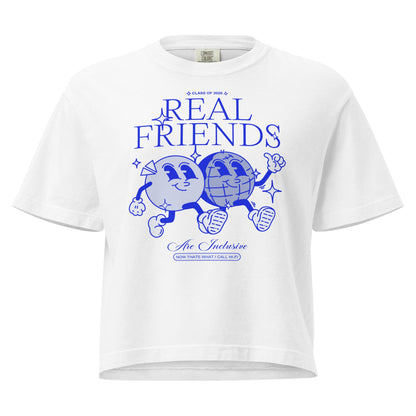 Women’s Real Friends Are Inclusive heavyweight boxy tee in a structured mid-length fit.