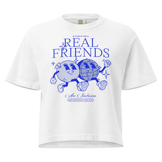Women’s Real Friends Are Inclusive heavyweight boxy tee in a structured mid-length fit.
