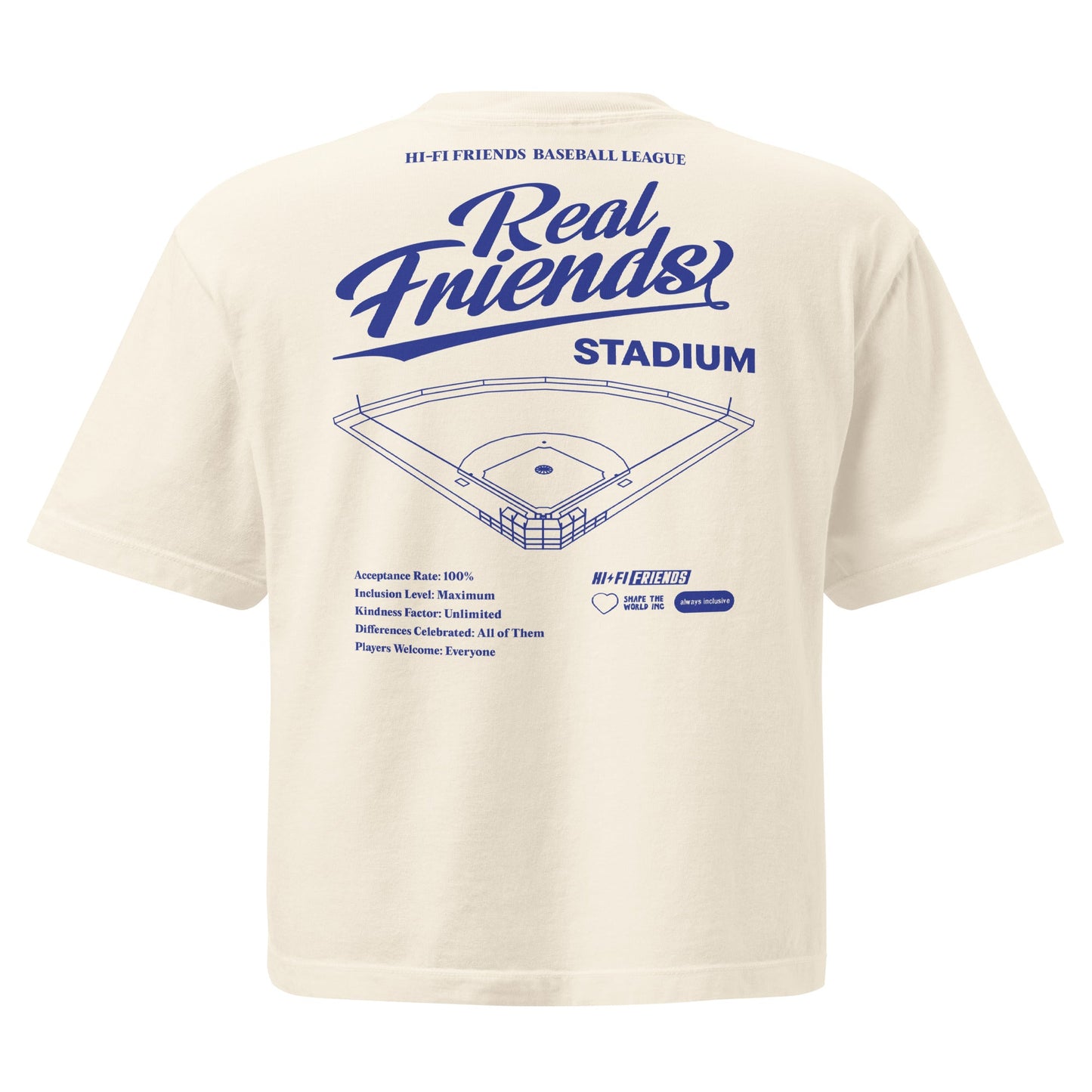 Women’s Real Friends Stadium heavyweight boxy tee with "Accept. Include. Play Ball." graphic in a structured fit.