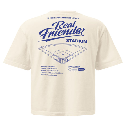 Women’s Real Friends Stadium heavyweight boxy tee with "Accept. Include. Play Ball." graphic in a structured fit.