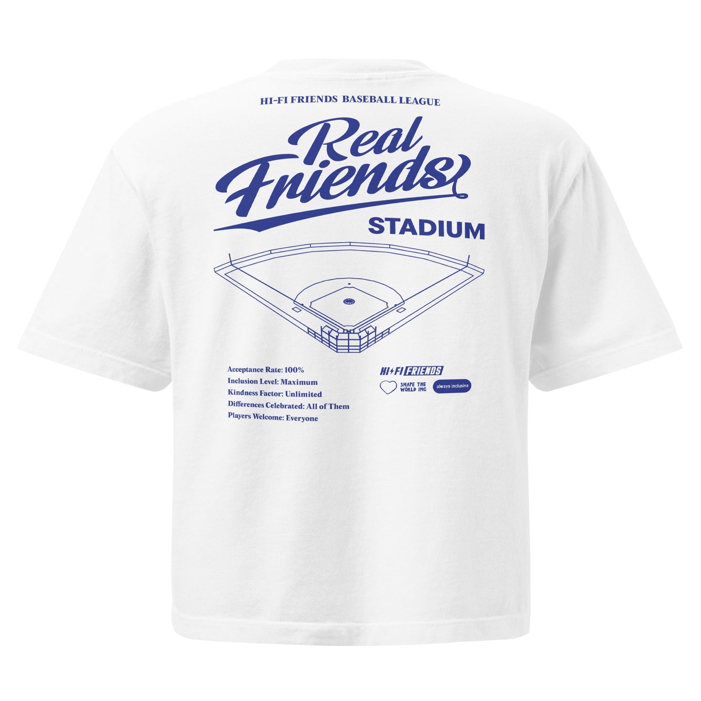 Women’s Real Friends Stadium heavyweight boxy tee with "Accept. Include. Play Ball." graphic in a structured fit.