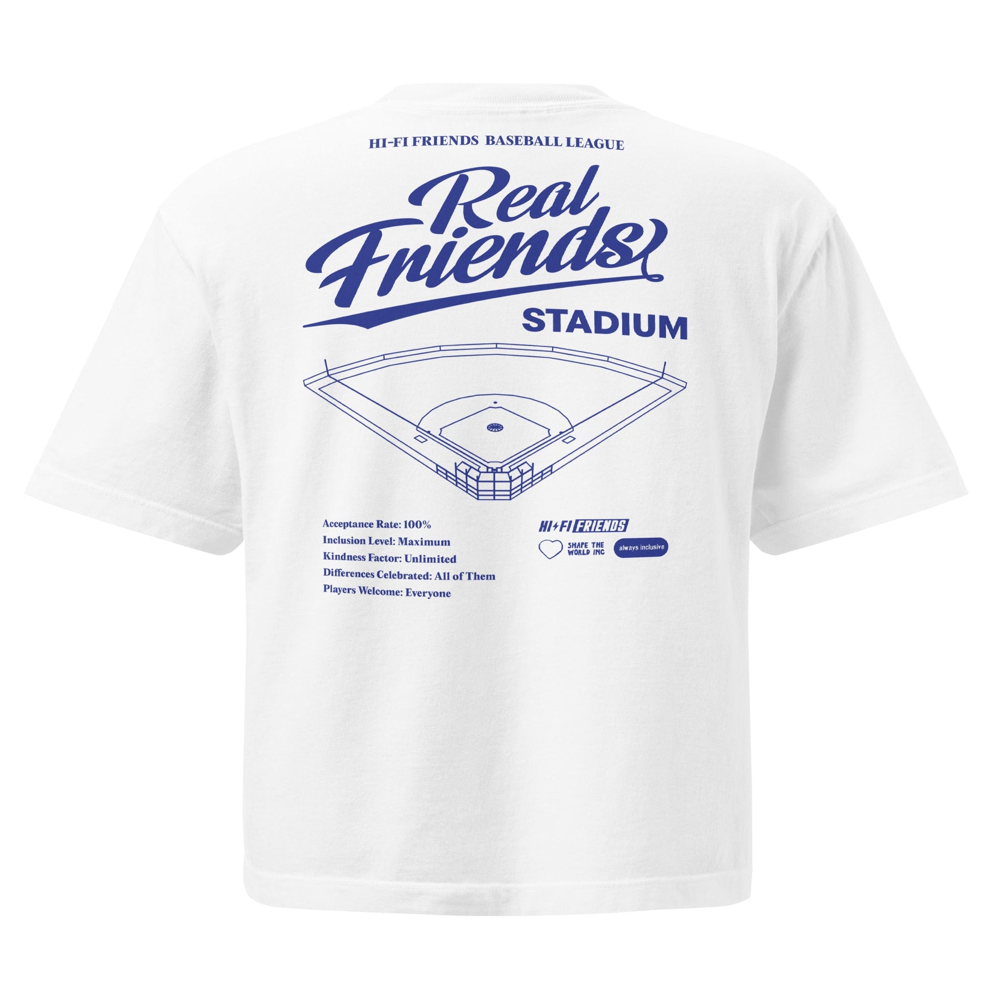 Women’s Real Friends Stadium heavyweight boxy tee with "Accept. Include. Play Ball." graphic in a structured fit.