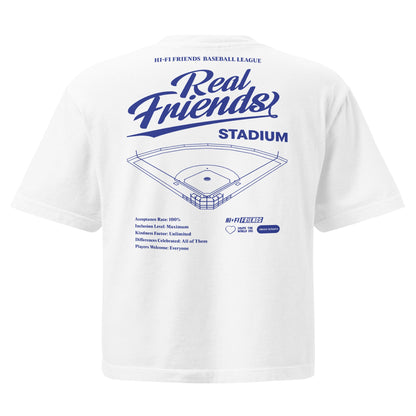 Women’s Real Friends Stadium heavyweight boxy tee with "Accept. Include. Play Ball." graphic in a structured fit.