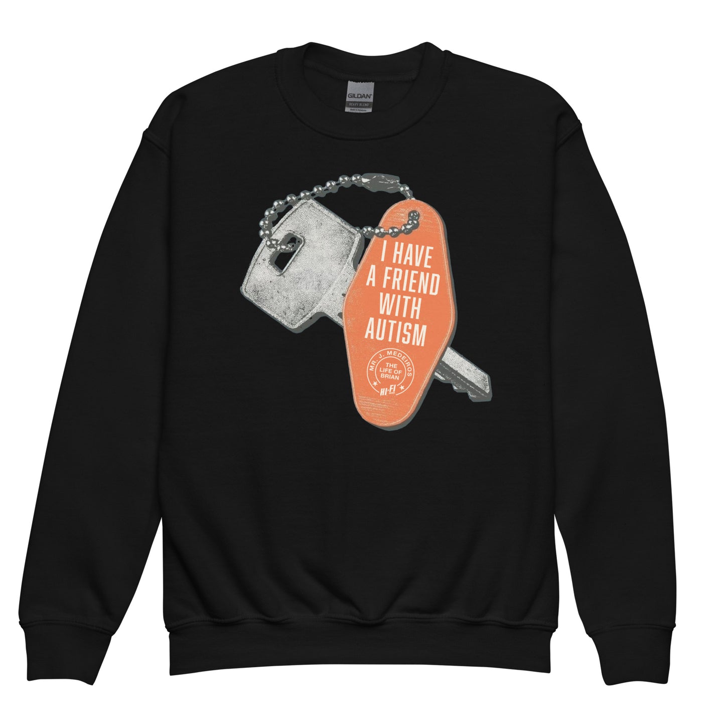 Youth black crewneck sweater featuring a large, vibrant orange vintage hotel key tag graphic with white "I Have A Friend With Autism" lettering.