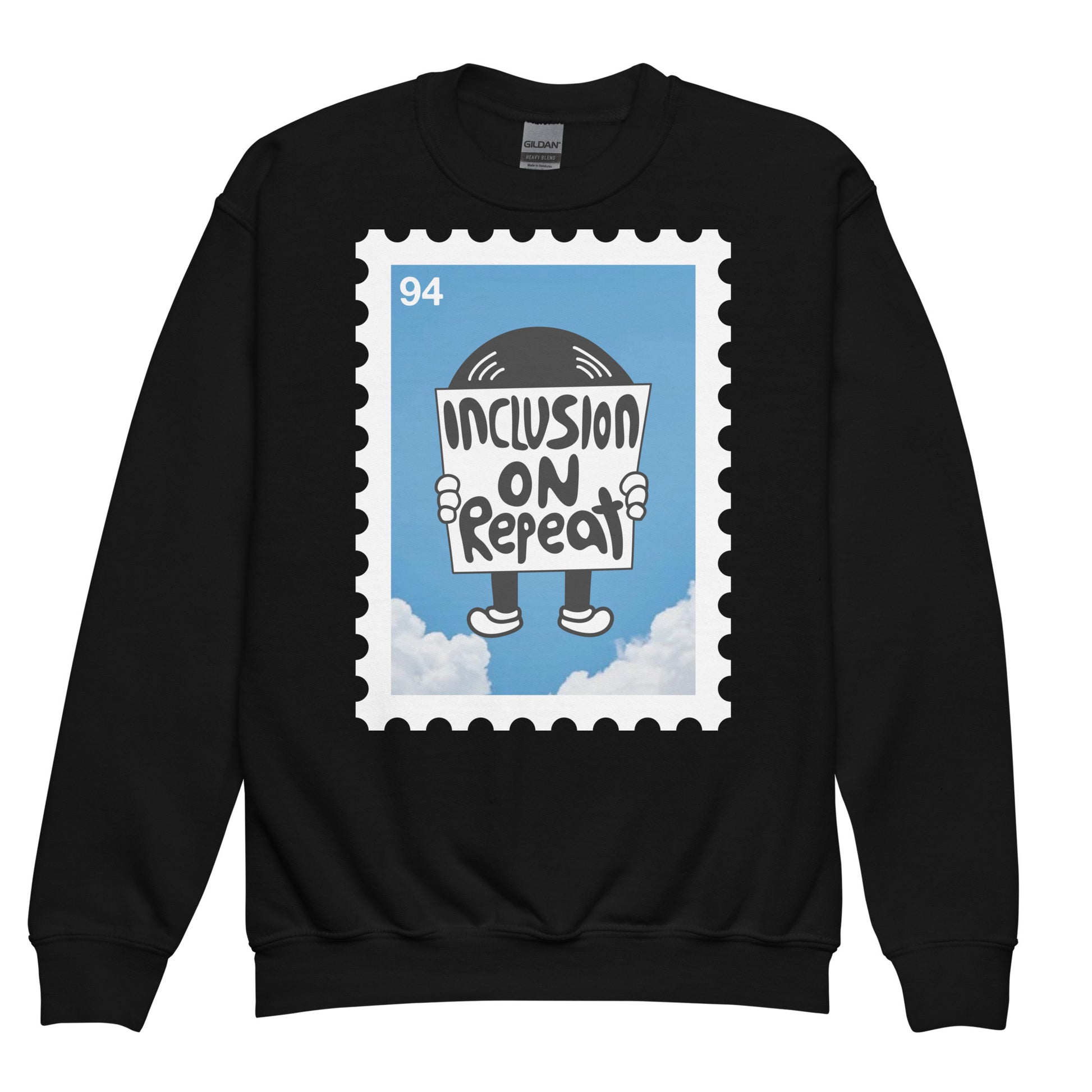 "Inclusion on Repeat" youth black crewneck sweater featuring the rhythmic white typography.