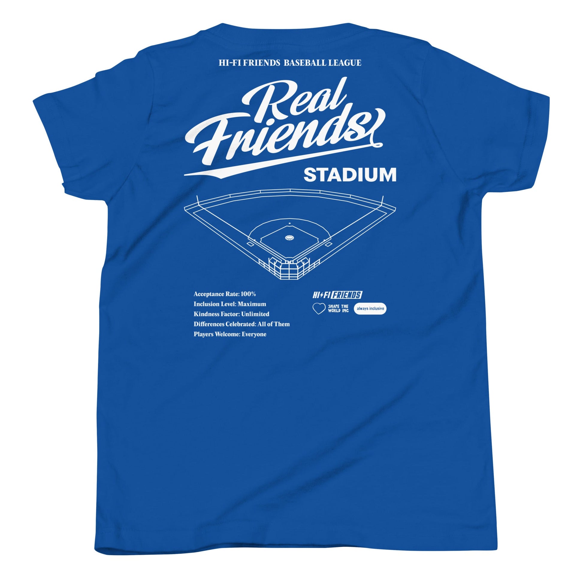 Youth Real Friends Stadium short sleeve t-shirt featuring the "Accept. Include. Play Ball." graphic.